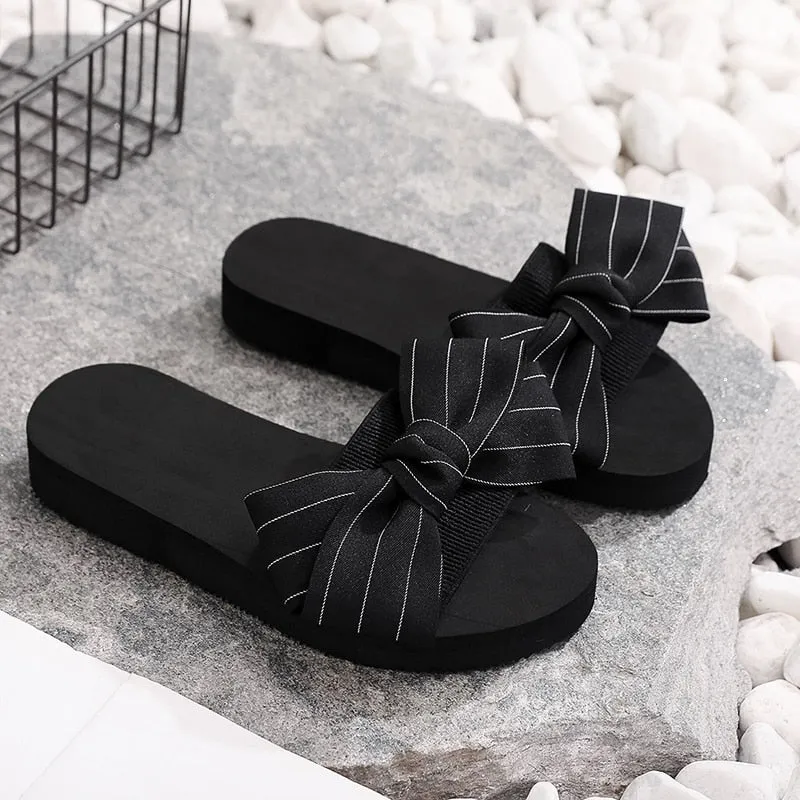 2020 Women Summer Stripe Beach Sandals Slipper Indoor Outdoor Flip-flops Beach Shoes Fashion Female Casual Bow Slippers