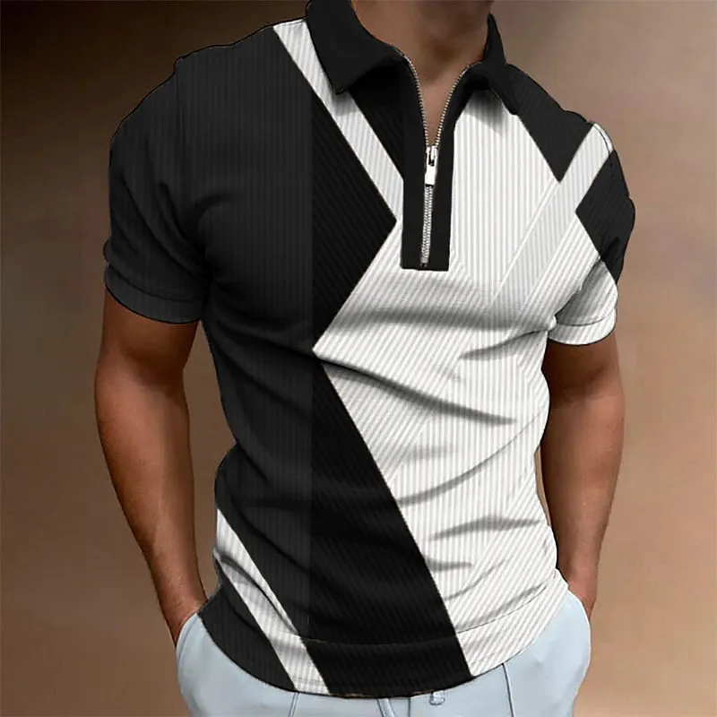 3D Vertigo Print Men's Zip Polo Golf Shirt - Breathable Summer Style for Sports & Leisure