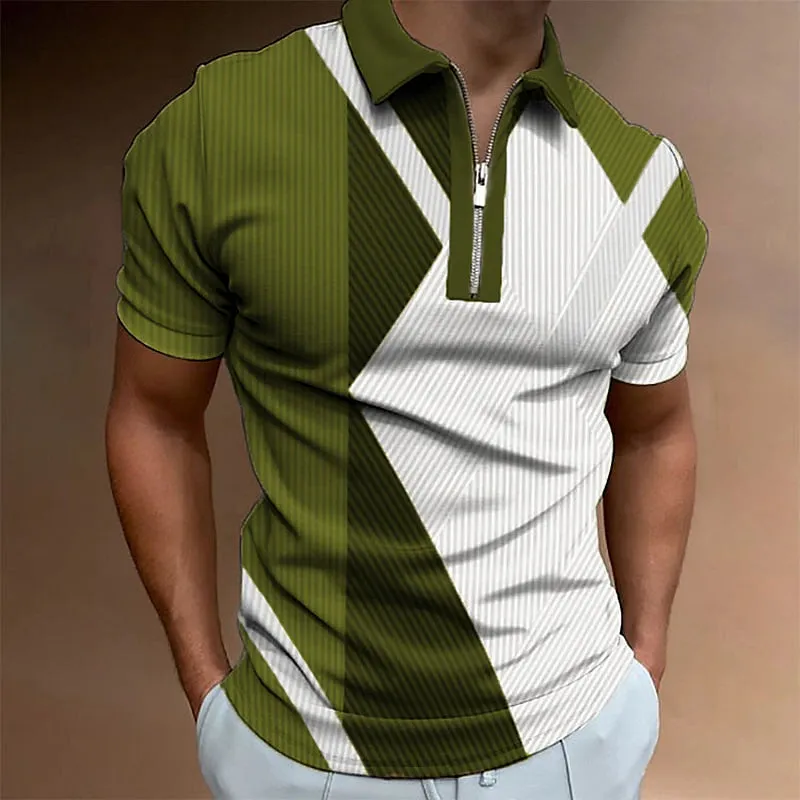 3D Vertigo Print Men's Zip Polo Golf Shirt - Breathable Summer Style for Sports & Leisure
