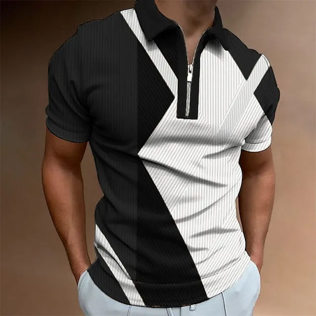3D Vertigo Print Men's Zip Polo Golf Shirt - Breathable Summer Style for Sports & Leisure