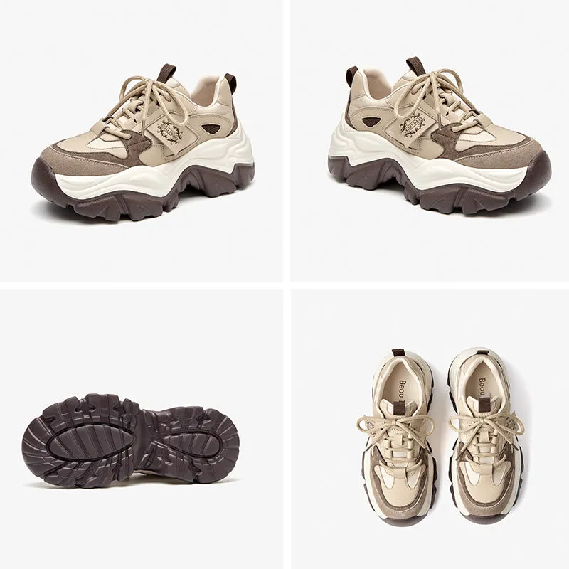 BeauToday Cow Suede Casual Patchwork Chunky Sneakers for Women