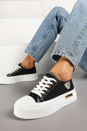BLACK LACE UP HEART DETAIL CHUNKY STYLISH FLAT TRAINERS
