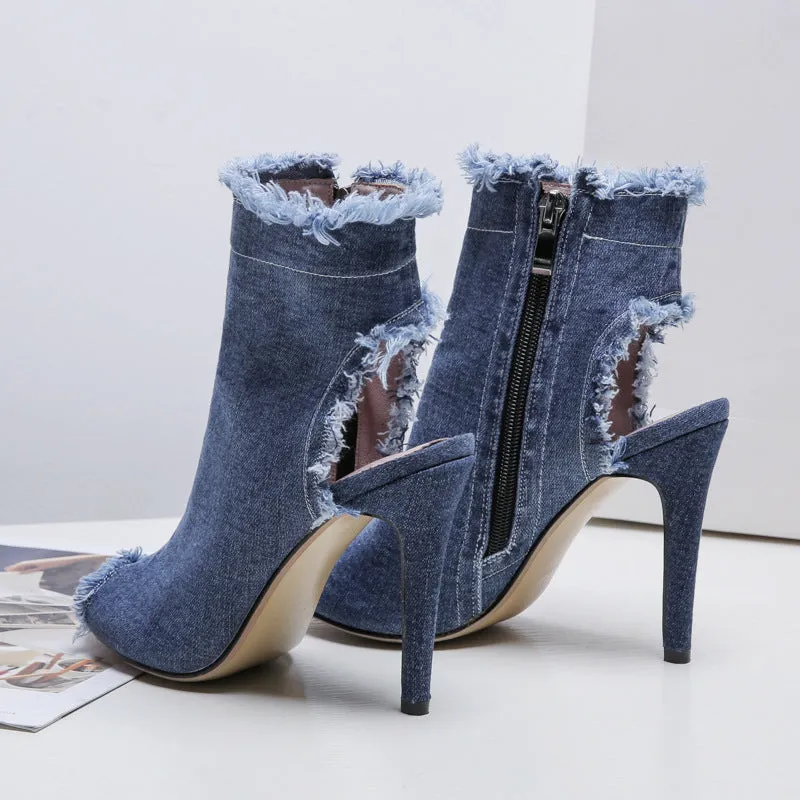 Canvas Peep Toe Cut Out Short Boots Stiletto High Heels Sandals