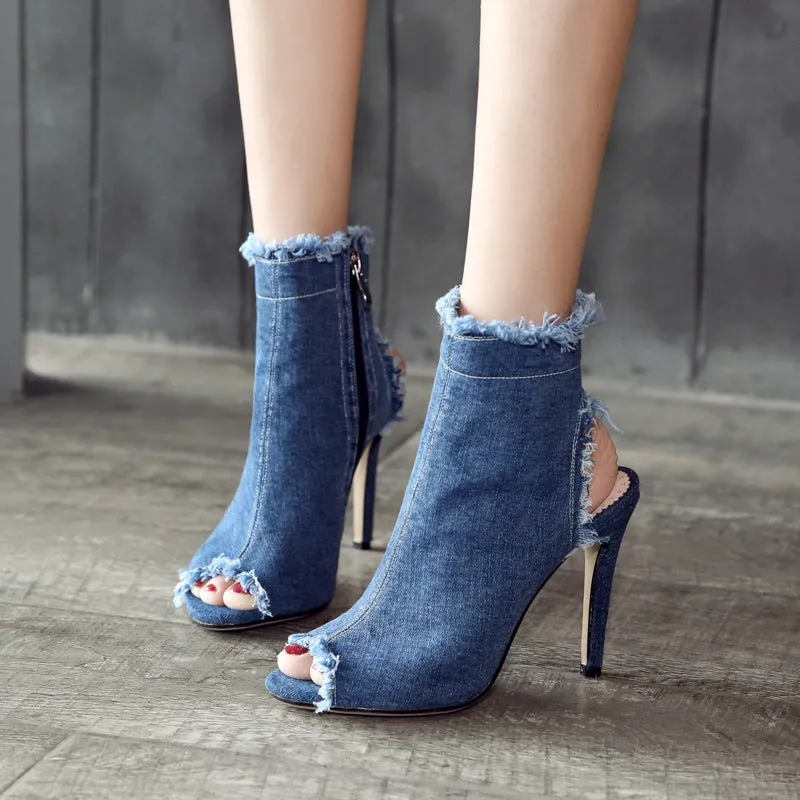 Canvas Peep Toe Cut Out Short Boots Stiletto High Heels Sandals