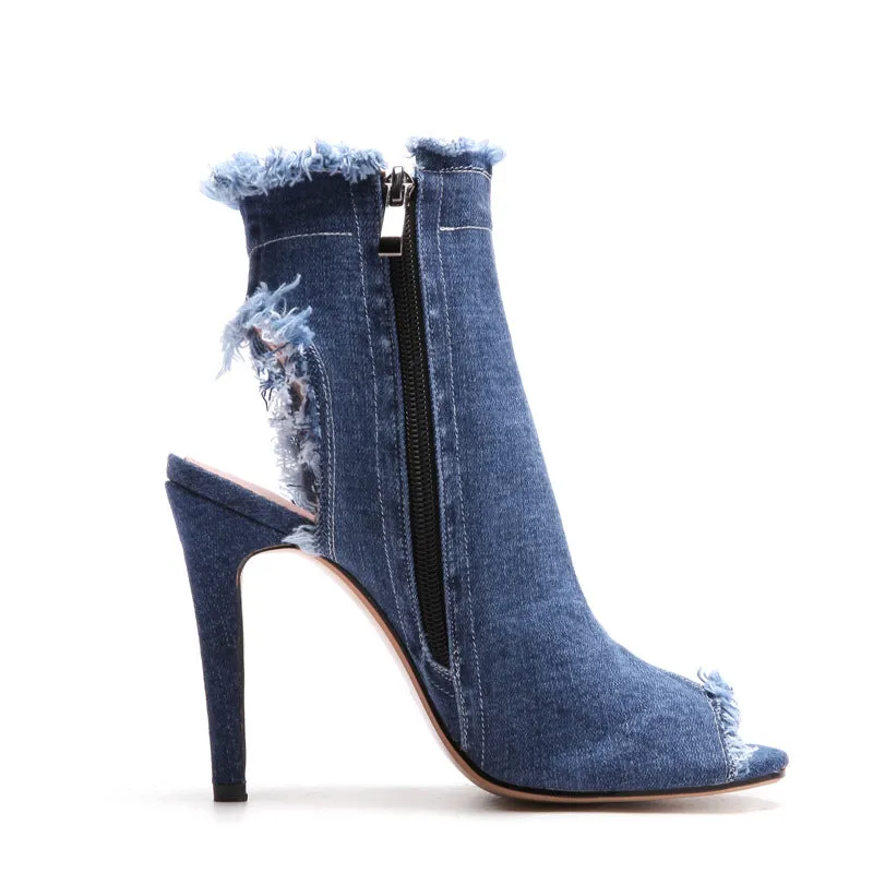 Canvas Peep Toe Cut Out Short Boots Stiletto High Heels Sandals