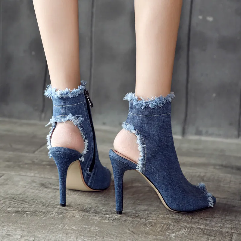 Canvas Peep Toe Cut Out Short Boots Stiletto High Heels Sandals
