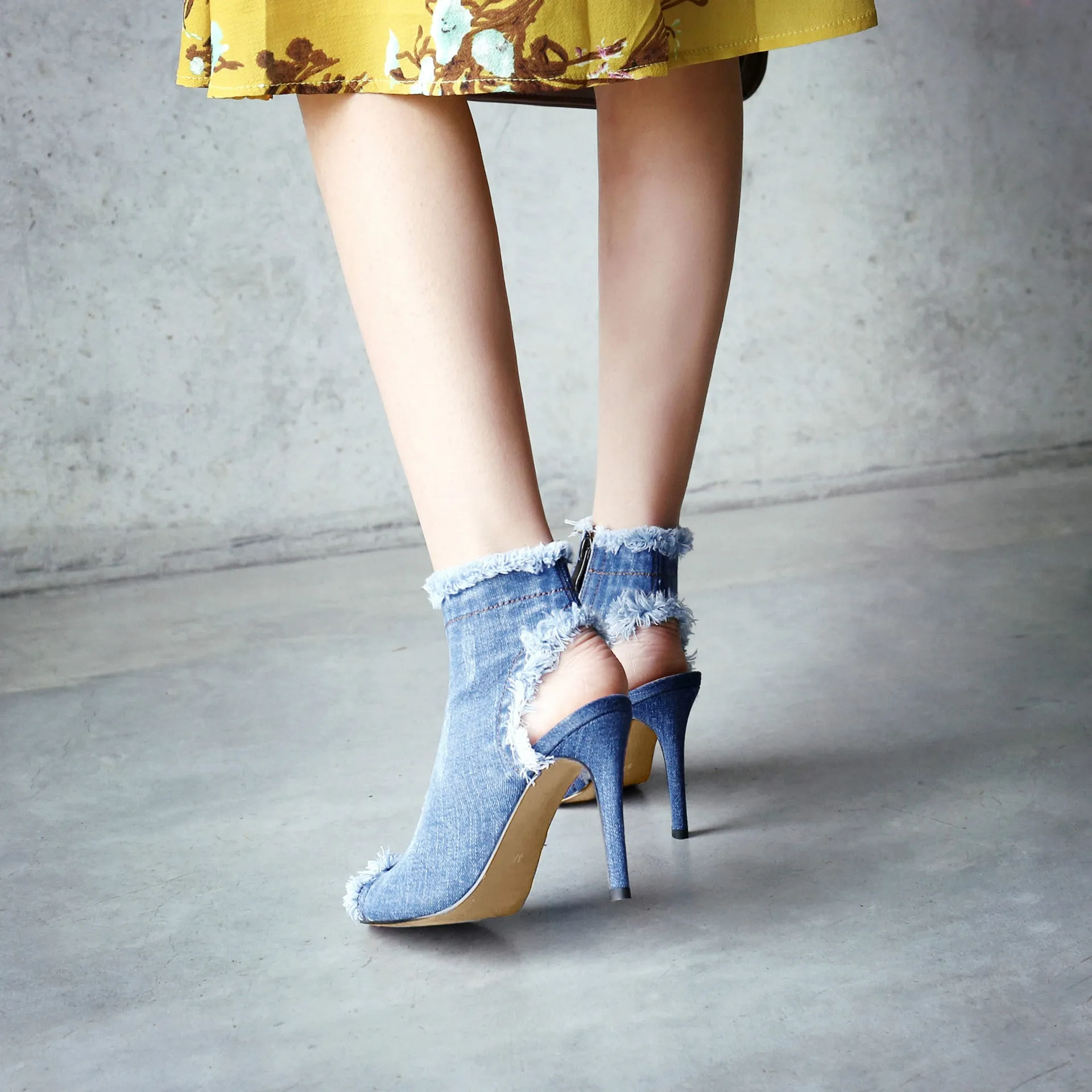 Canvas Peep Toe Cut Out Short Boots Stiletto High Heels Sandals