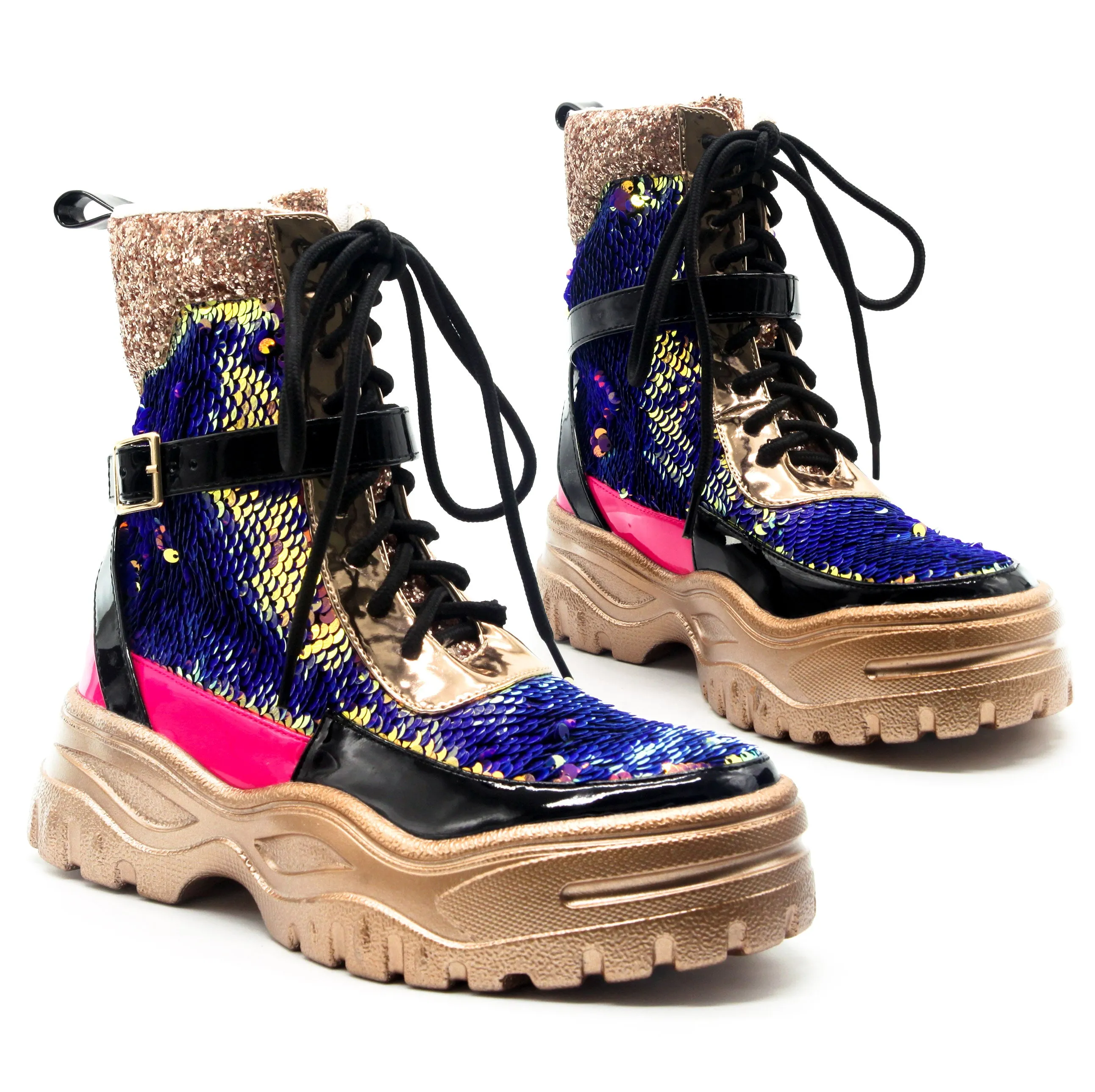 Cape Robbin Mai Glitter Lace Up Chunky Platform Lace Up Ankle Bootie