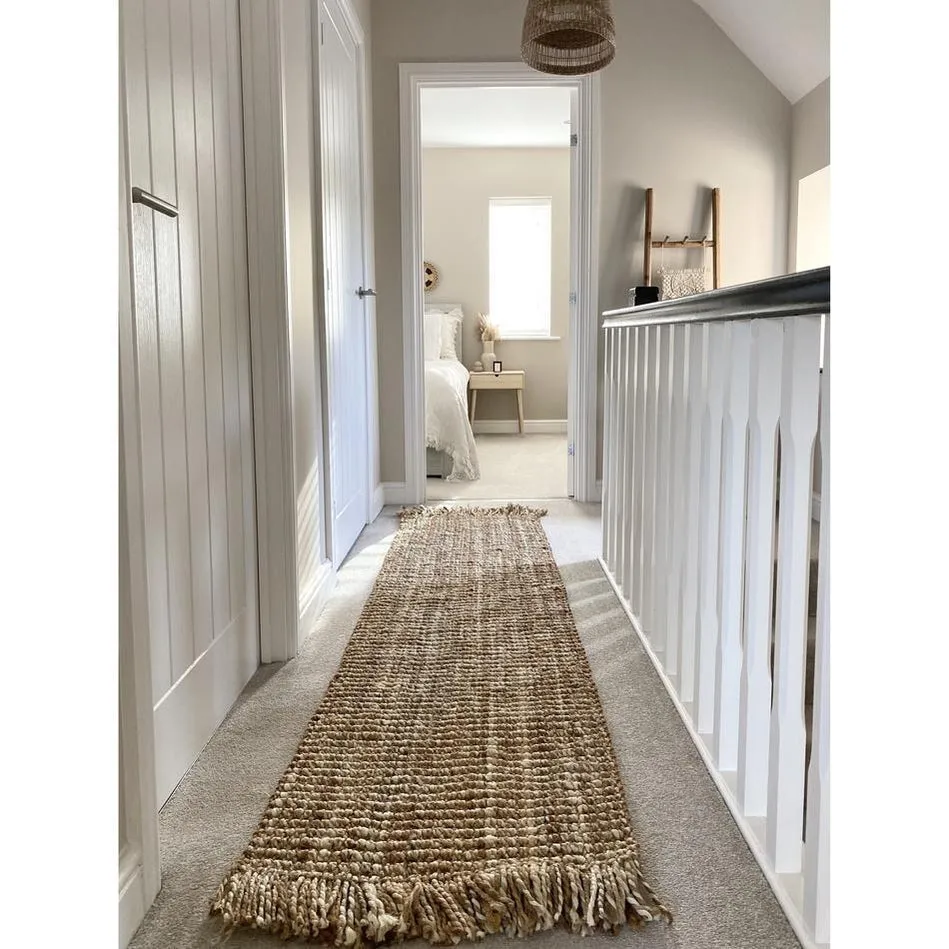 Chunky Jute Tassel Loose Open Weave Hand-Woven Natural Fibre Flatweave Gold/Cream Rug
