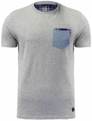 Clover Cotton T-Shirt with Chambray / Checked Chest Pocket in Grey Marl