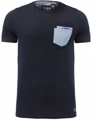 Clover Cotton T-Shirt with Chambray / Checked Chest Pocket in Navy
