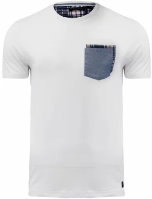 Clover Cotton T-Shirt with Chambray / Checked Chest Pocket in White