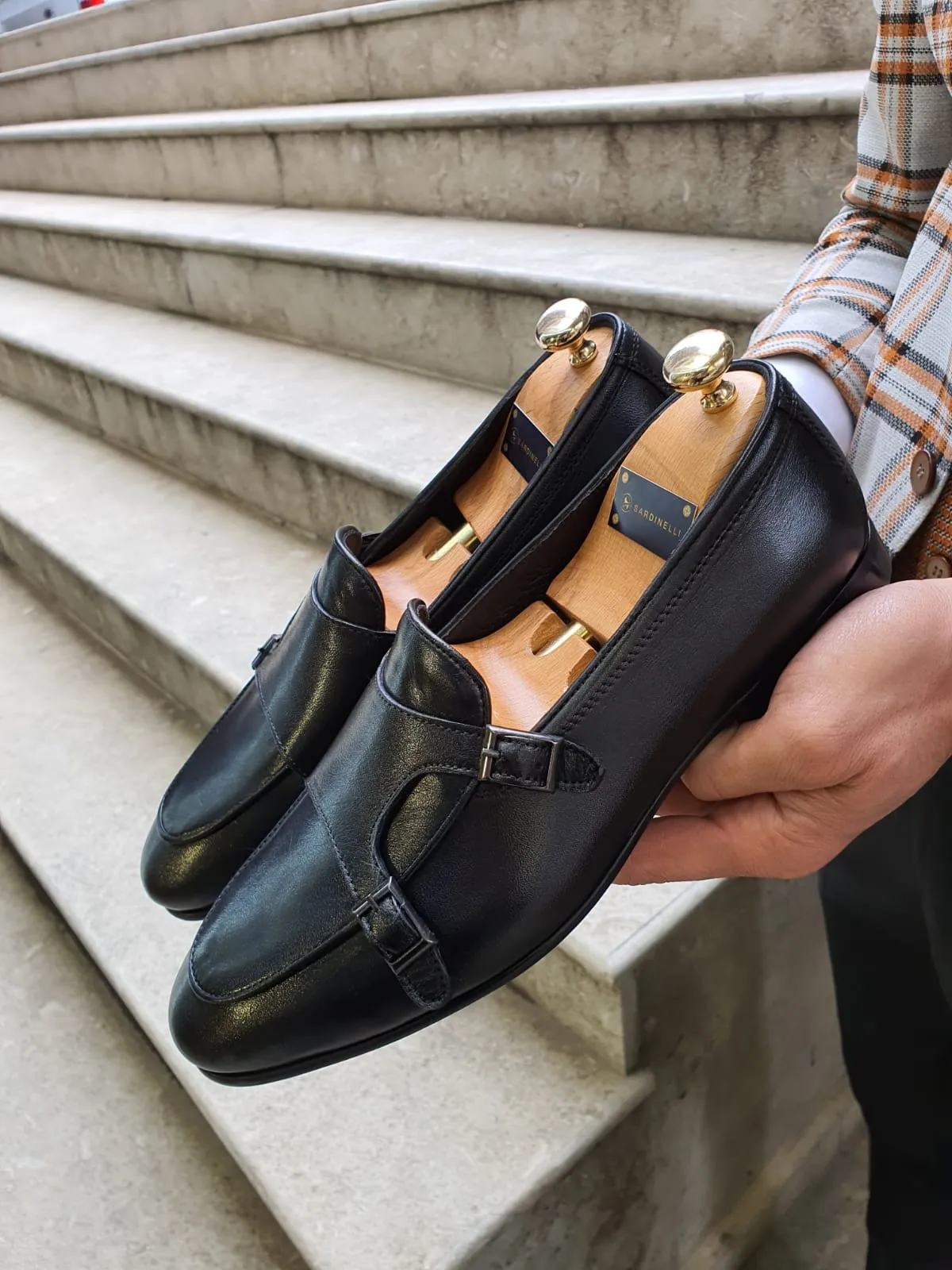 Genova Special Edition Sardinelli Black Monk Strap Leather Shoes