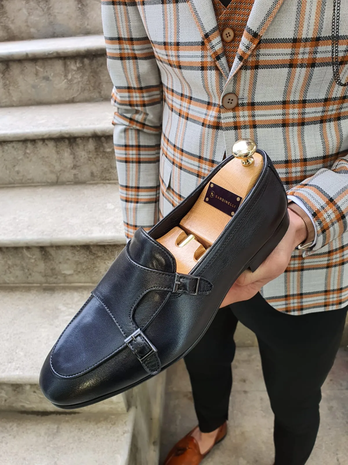 Genova Special Edition Sardinelli Black Monk Strap Leather Shoes