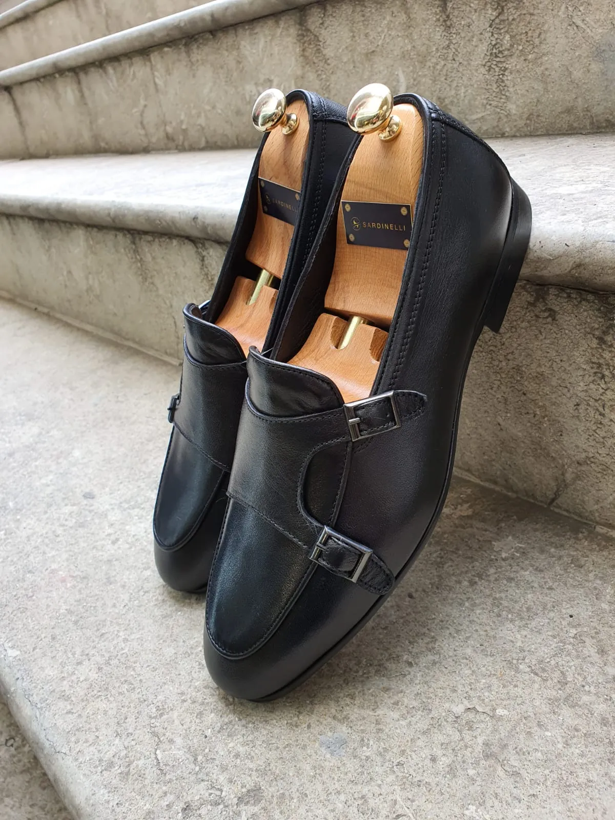 Genova Special Edition Sardinelli Black Monk Strap Leather Shoes