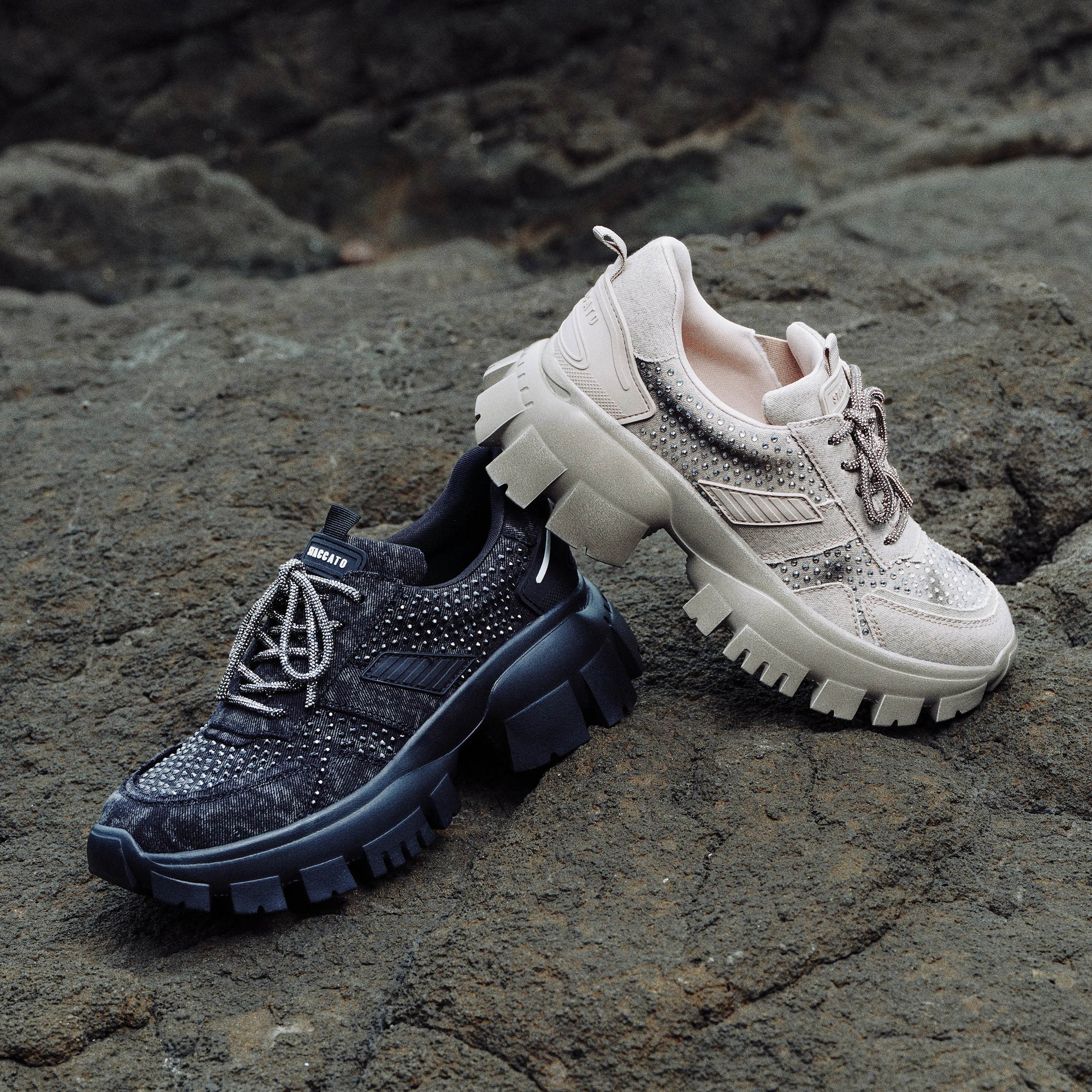 Grey Washed Denim Crystal Chunky Sneakers