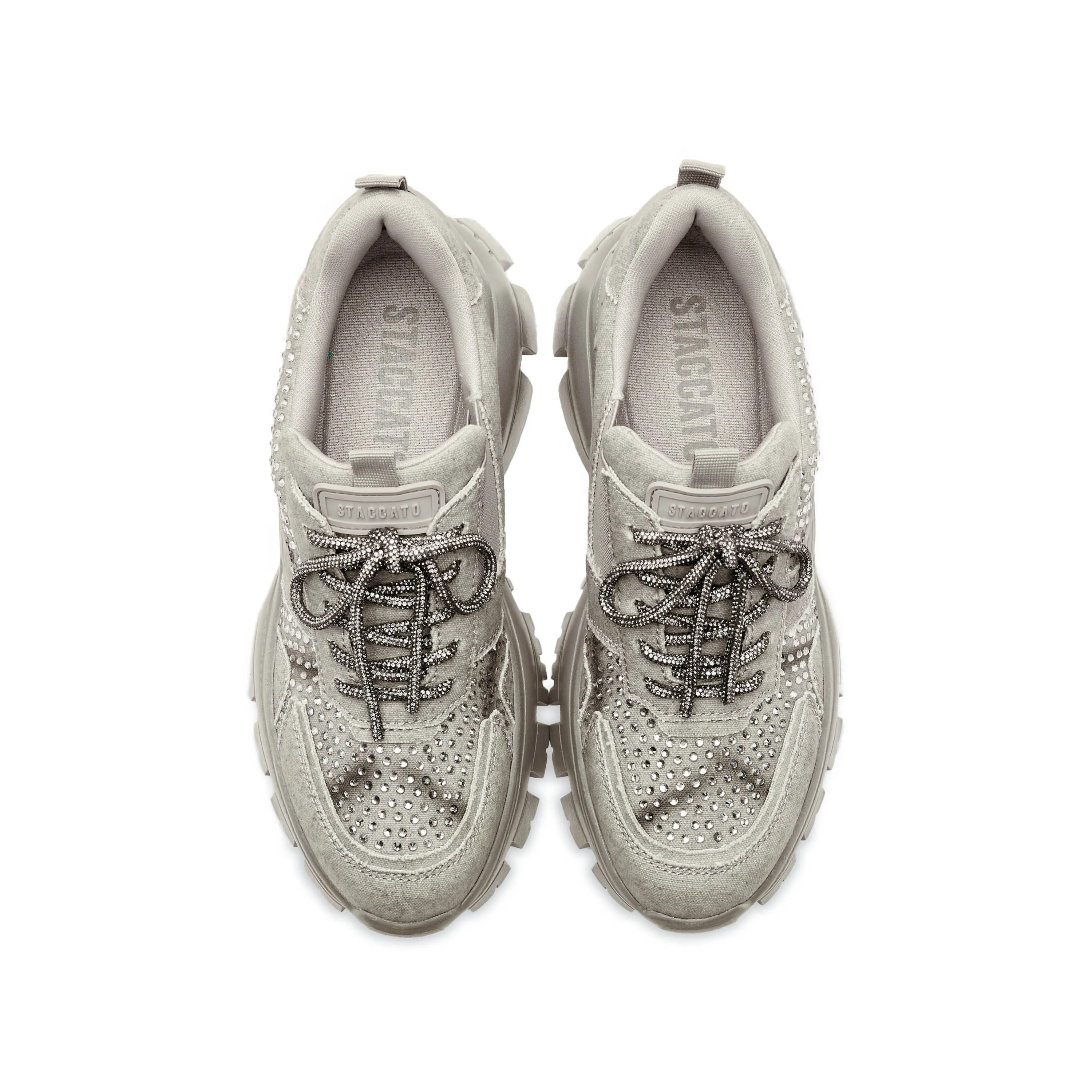 Grey Washed Denim Crystal Chunky Sneakers