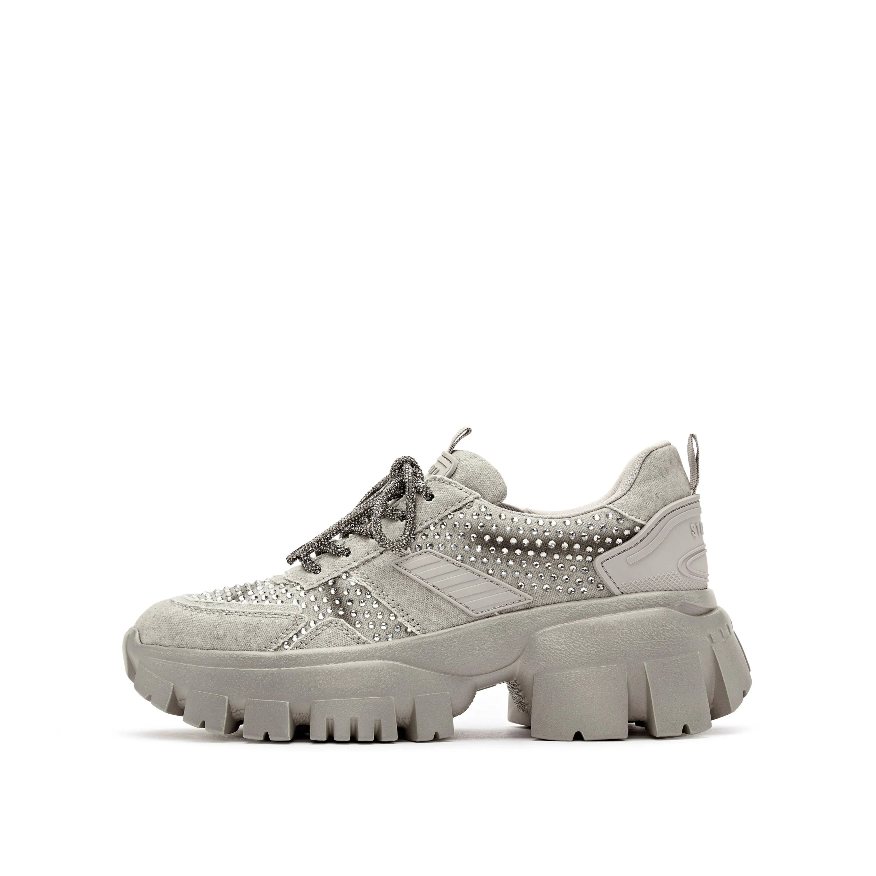 Grey Washed Denim Crystal Chunky Sneakers