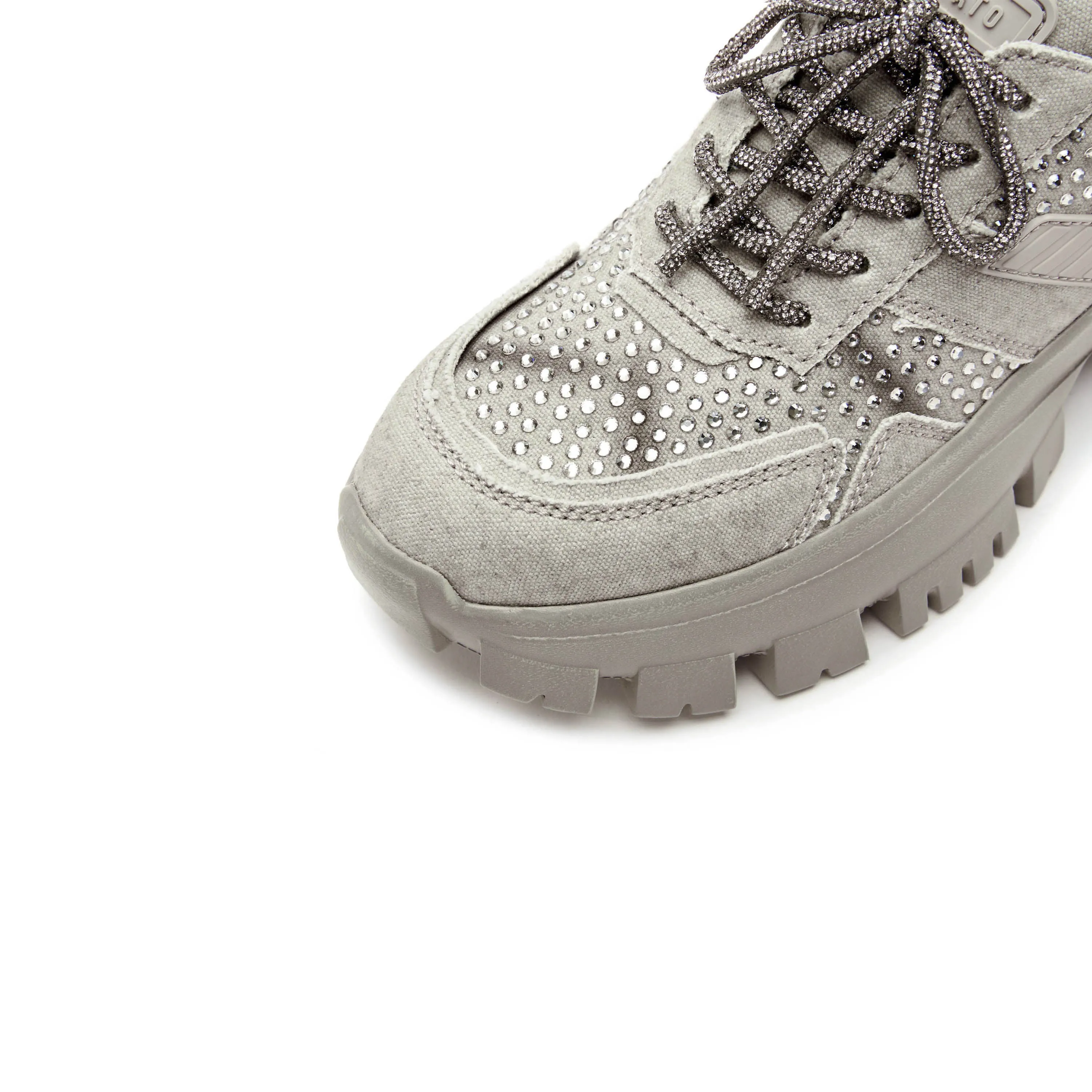 Grey Washed Denim Crystal Chunky Sneakers