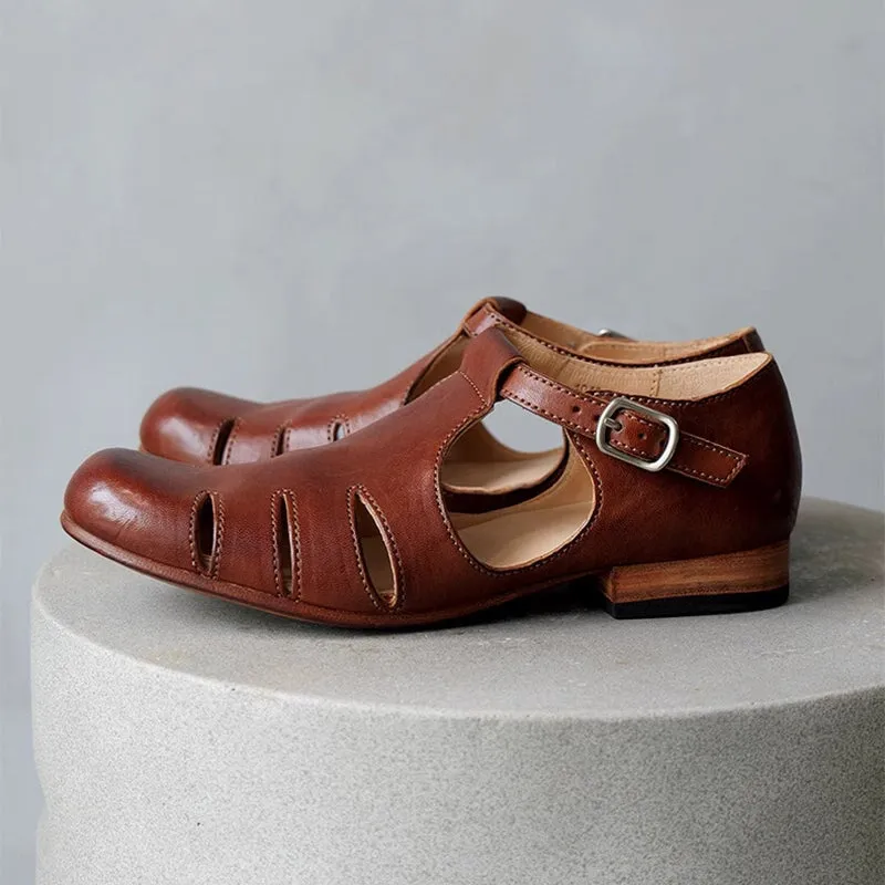 Hand Stitching Horse Leather Mary Jane Shoes For Women Leather Sole in Coffee