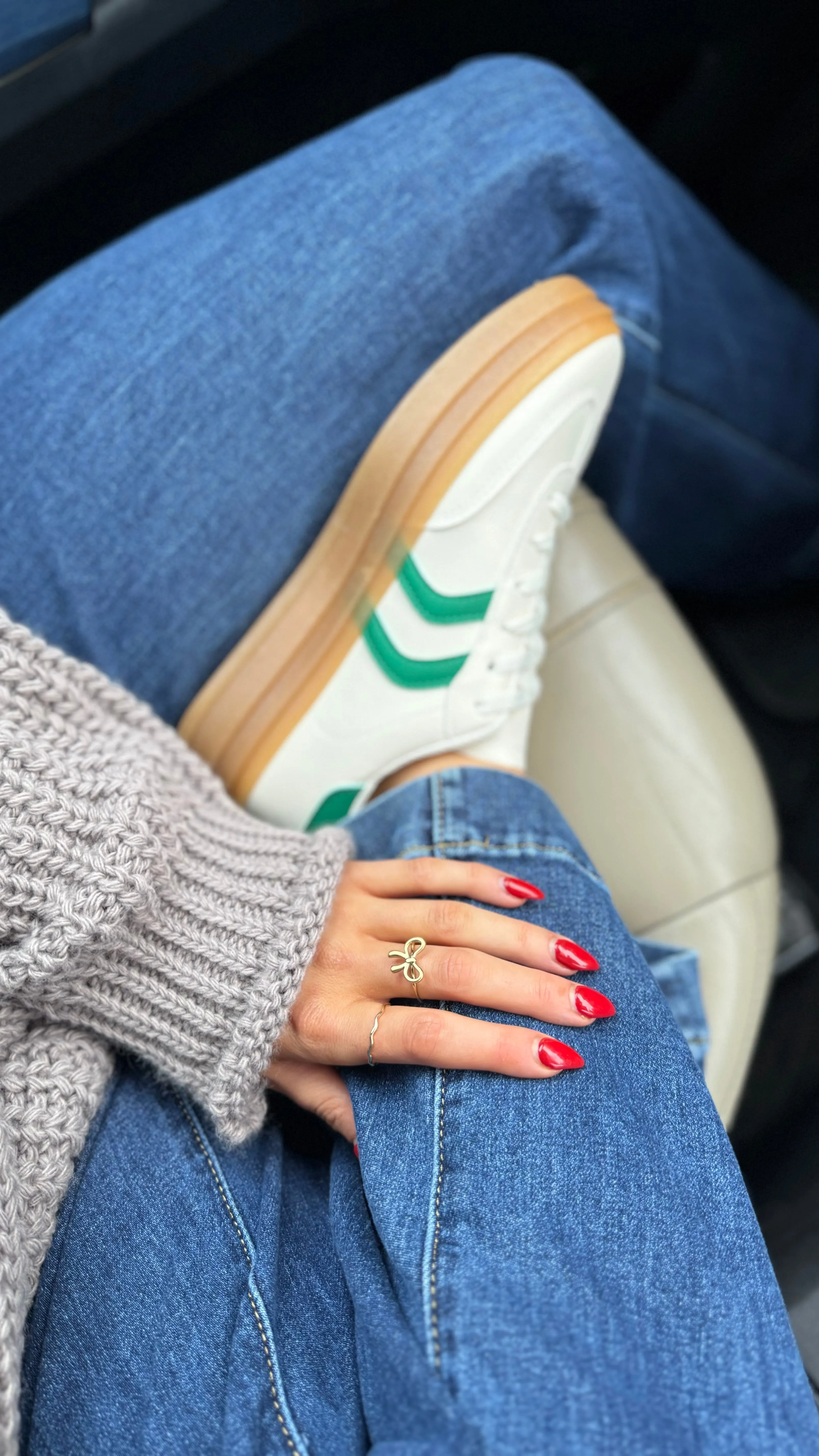 Kasie Beige With Green Stripes Chunky Sole Trainers