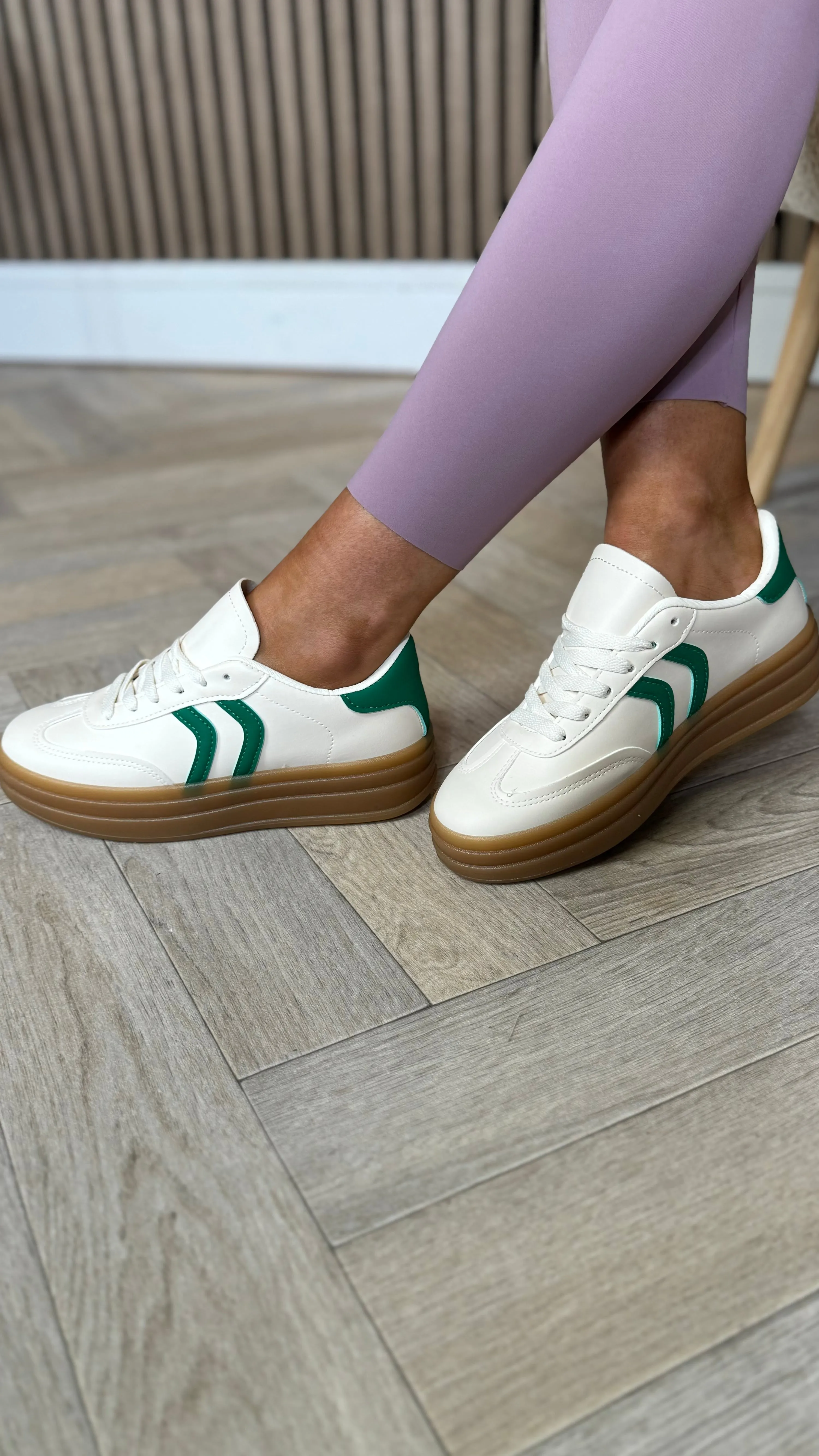 Kasie Beige With Green Stripes Chunky Sole Trainers