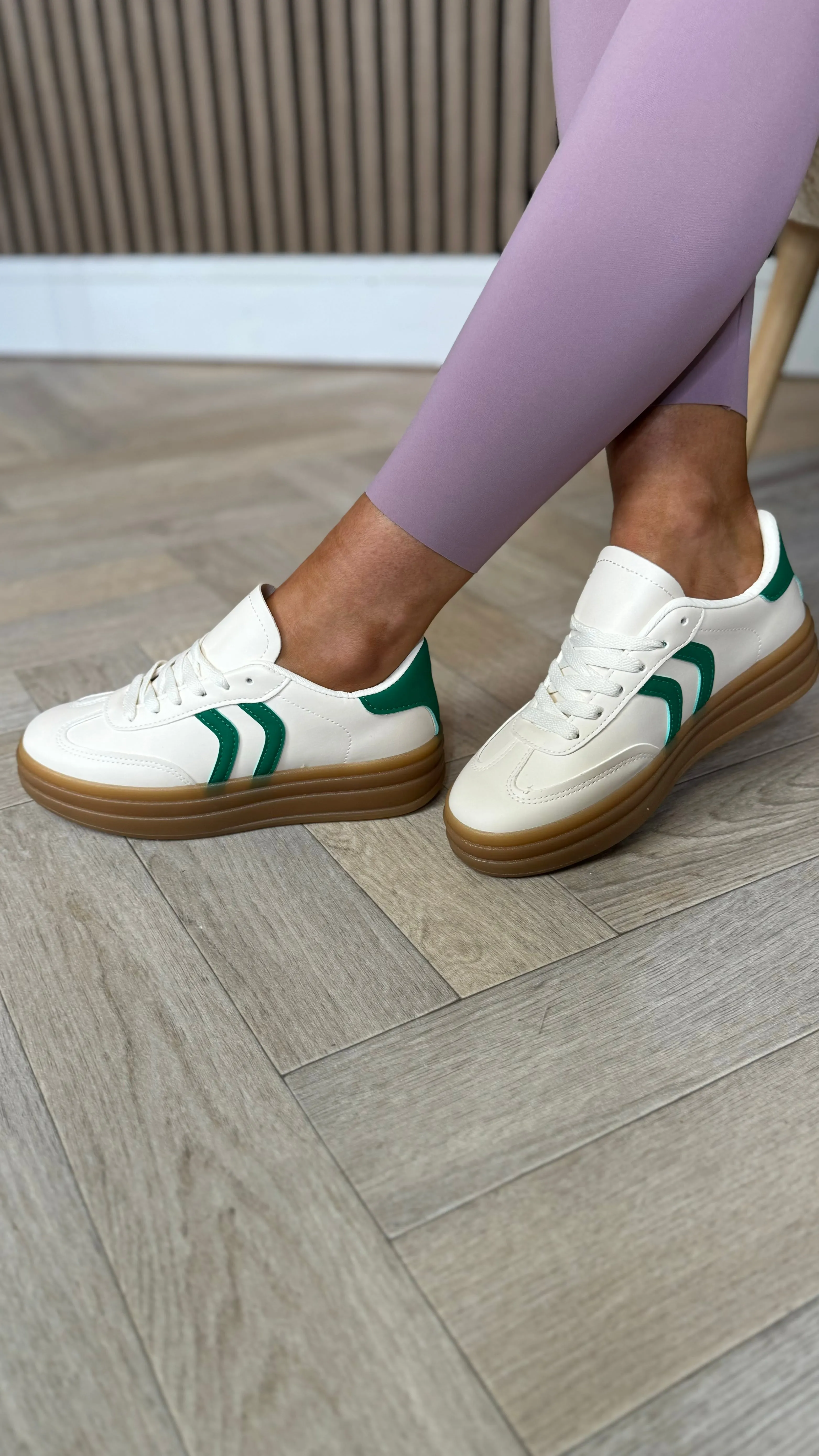 Kasie Beige With Green Stripes Chunky Sole Trainers