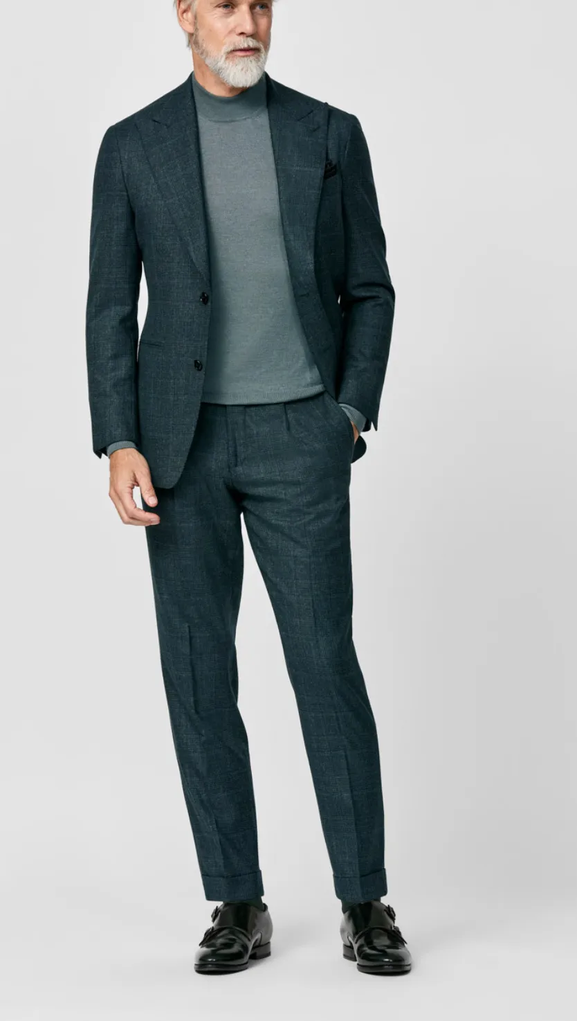 Loro Piana Zelander Bottle Green Natural Stretch S120 Merino Wool with Blue Glencheck