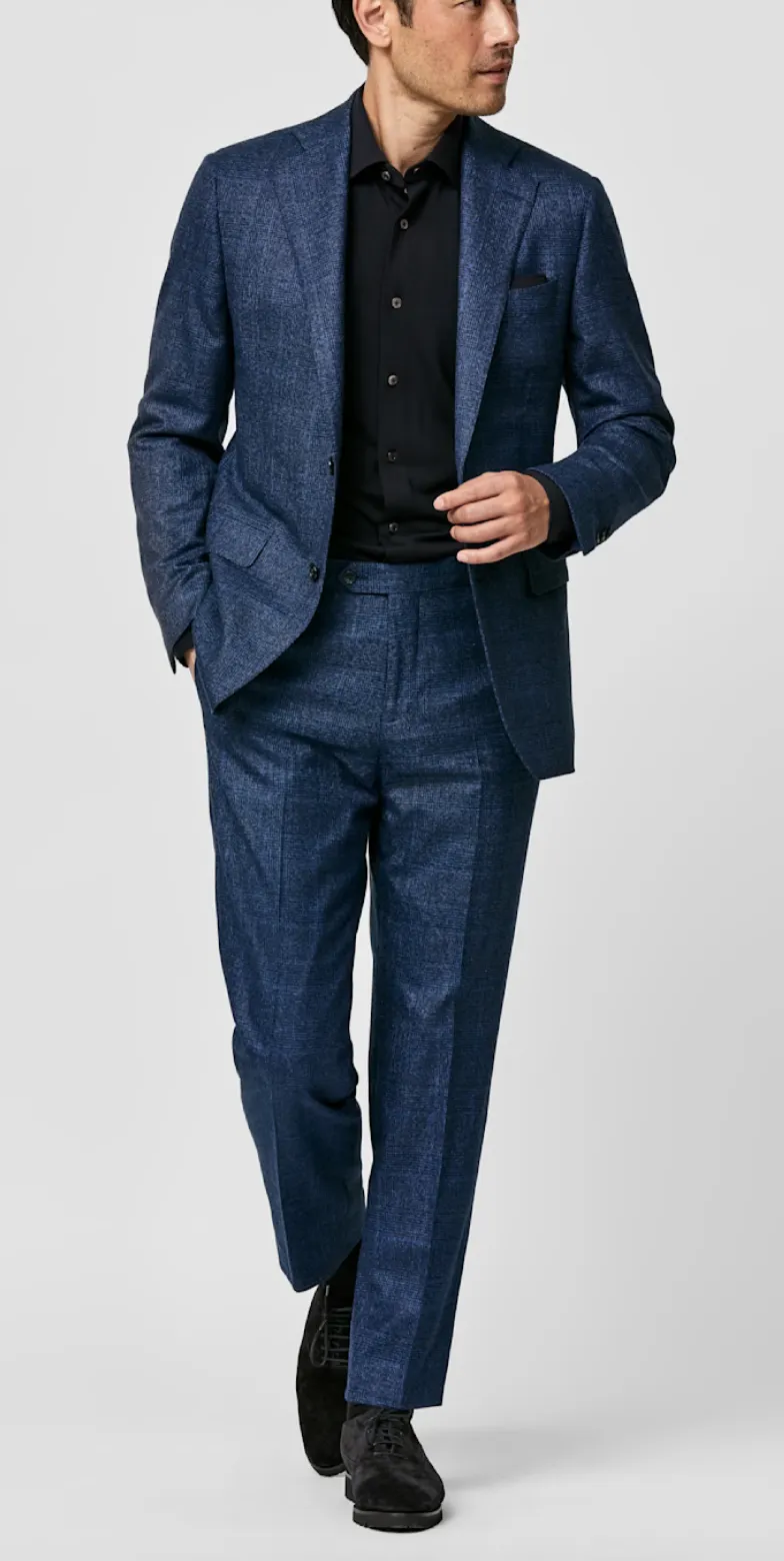 Loro Piana Zelander Neapolitan Blue Natural Stretch S120 Merino Wool with Midnight Blue Glencheck