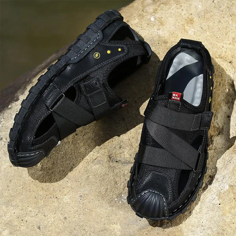 Men Closed Rubber Toe Cap Hook Loop Hole Leather Sandals