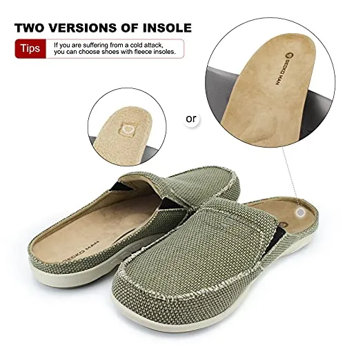 Mens Orthopedic Slippers with Arch Support, Canvas House Slipper for Men with Suede Insole and Velvet Lining, Slip on Clog House Shoes with Indoor Outdoor Anti-Skid Rubber Sole, Light Olive, 9.5