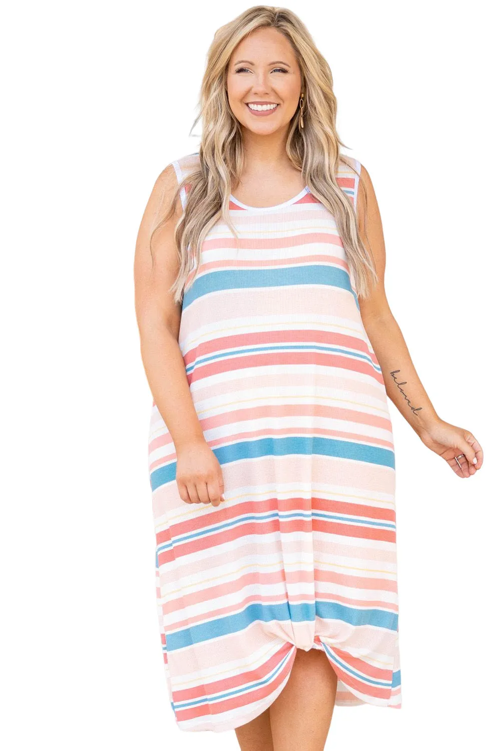 Multicolor Plus Size Striped Twist Sleeveless Midi Dress