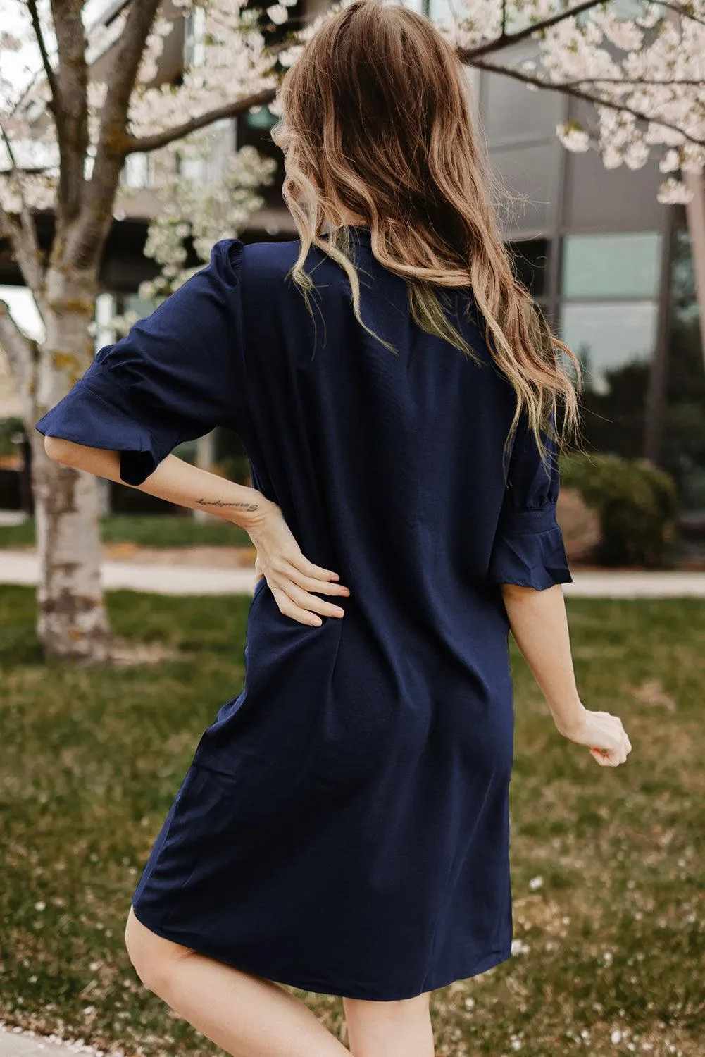 Obsidian Opulence Ruffled Sleeve Shift Dress