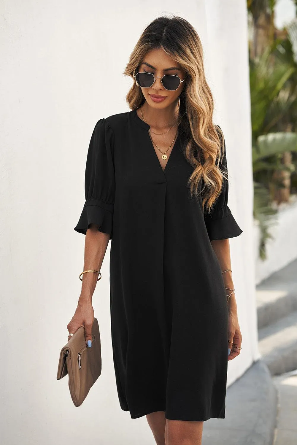 Obsidian Opulence Ruffled Sleeve Shift Dress