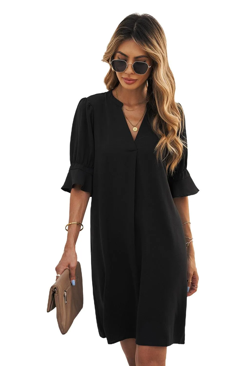 Obsidian Opulence Ruffled Sleeve Shift Dress