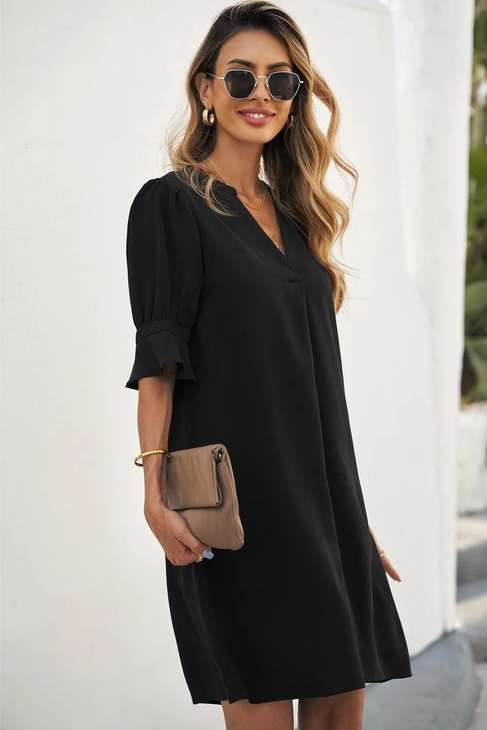 Obsidian Opulence Ruffled Sleeve Shift Dress