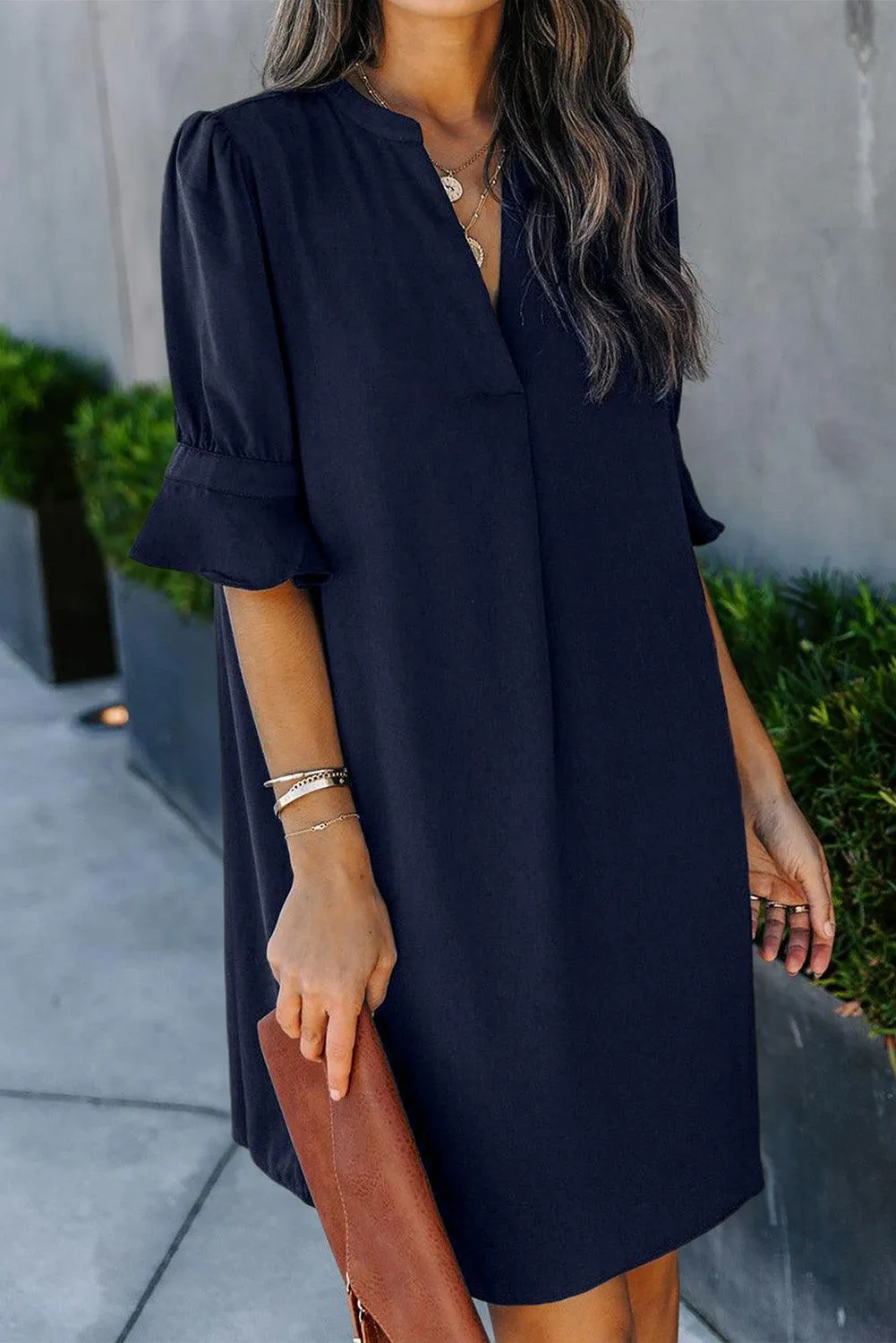 Obsidian Opulence Ruffled Sleeve Shift Dress