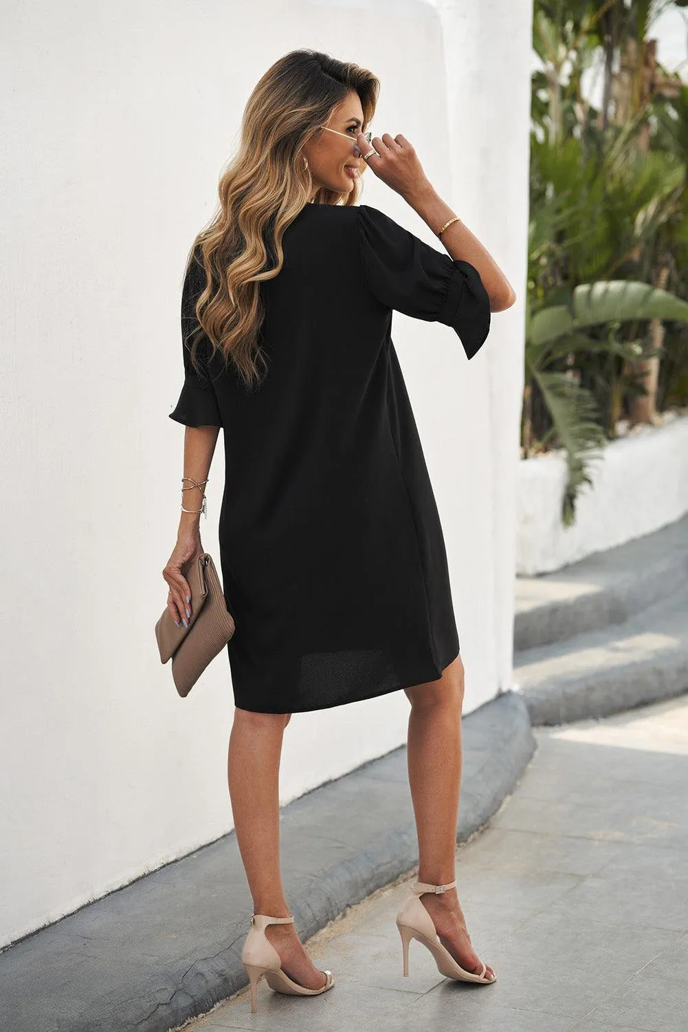 Obsidian Opulence Ruffled Sleeve Shift Dress
