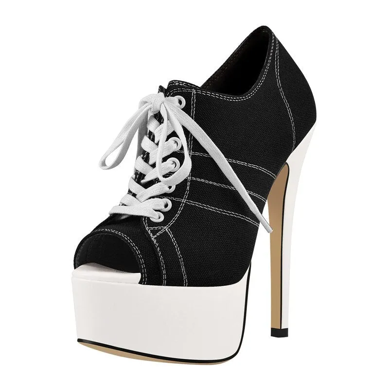 Platform Peep Toe Lace Up High Heel Ankle Shoes