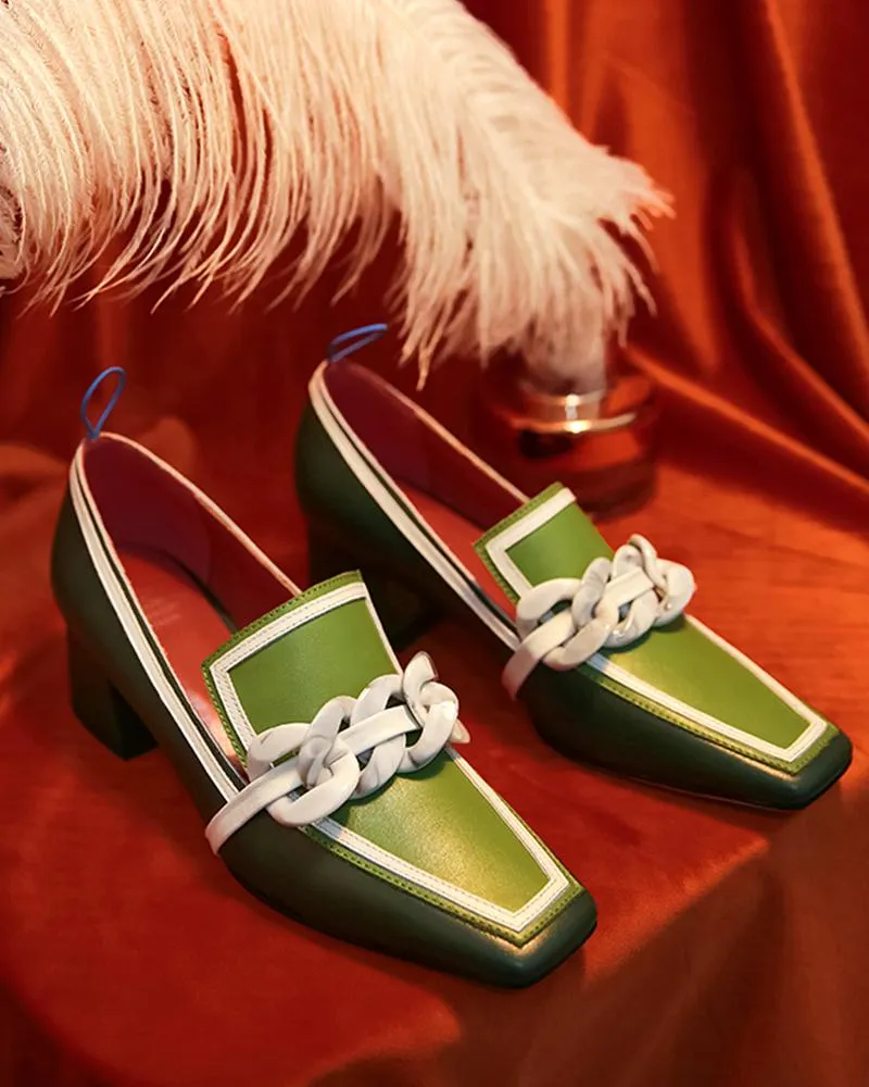 Purpdrank - Colorblock Chain Decor Square Toe Chunky Heels
