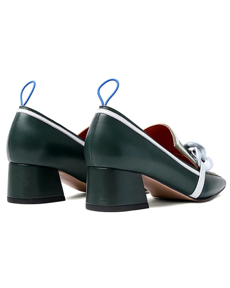 Purpdrank - Colorblock Chain Decor Square Toe Chunky Heels