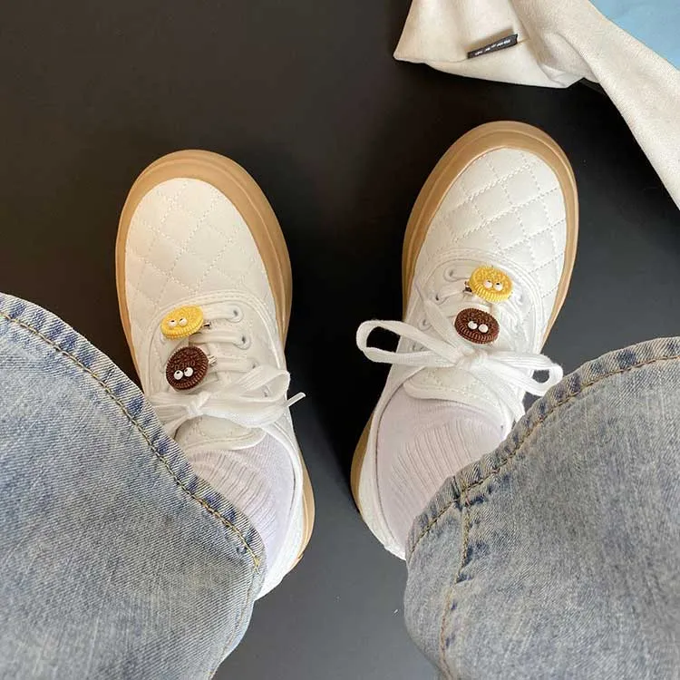 Round Toe Rhombic Smiley Canvas Women's Shoes