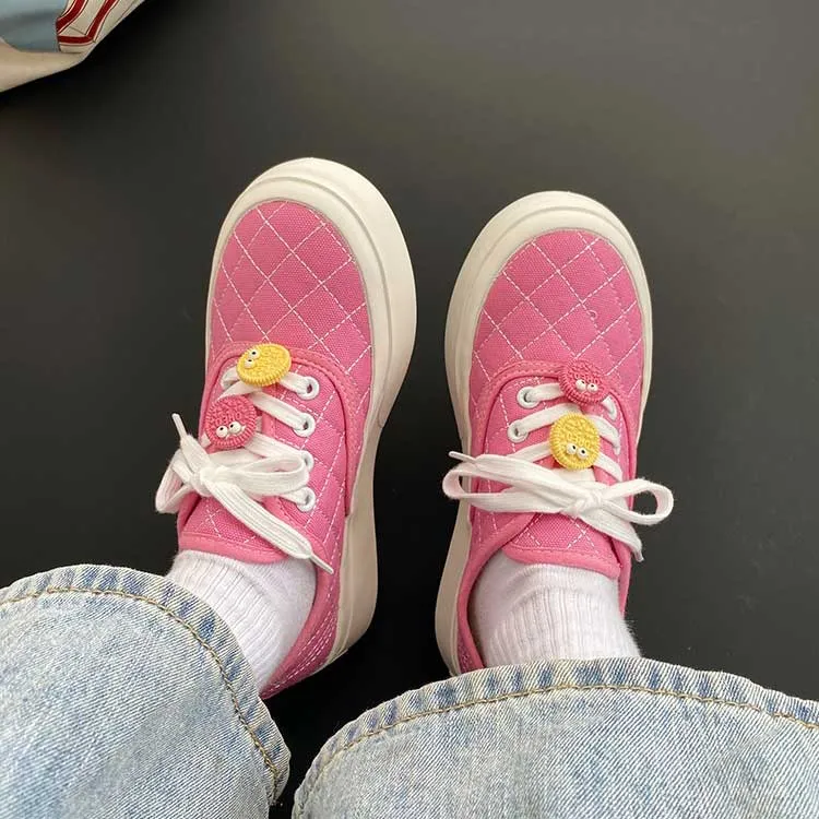 Round Toe Rhombic Smiley Canvas Women's Shoes