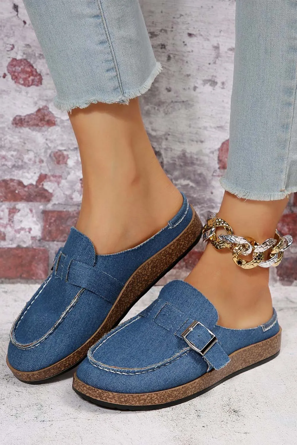 Sky Blue Buckle Decor Slip On Canvas Shoes