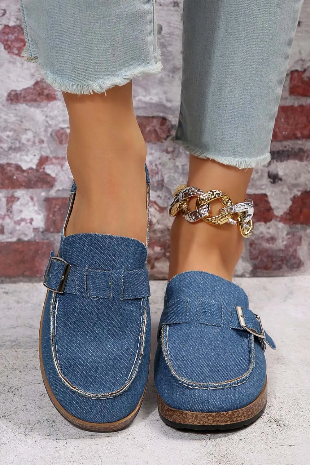 Sky Blue Buckle Decor Slip On Canvas Shoes