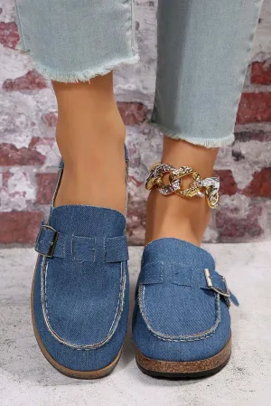 Sky Blue Buckle Decor Slip On Canvas Shoes
