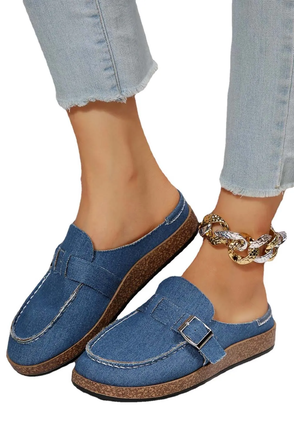 Sky Blue Buckle Decor Slip On Canvas Shoes