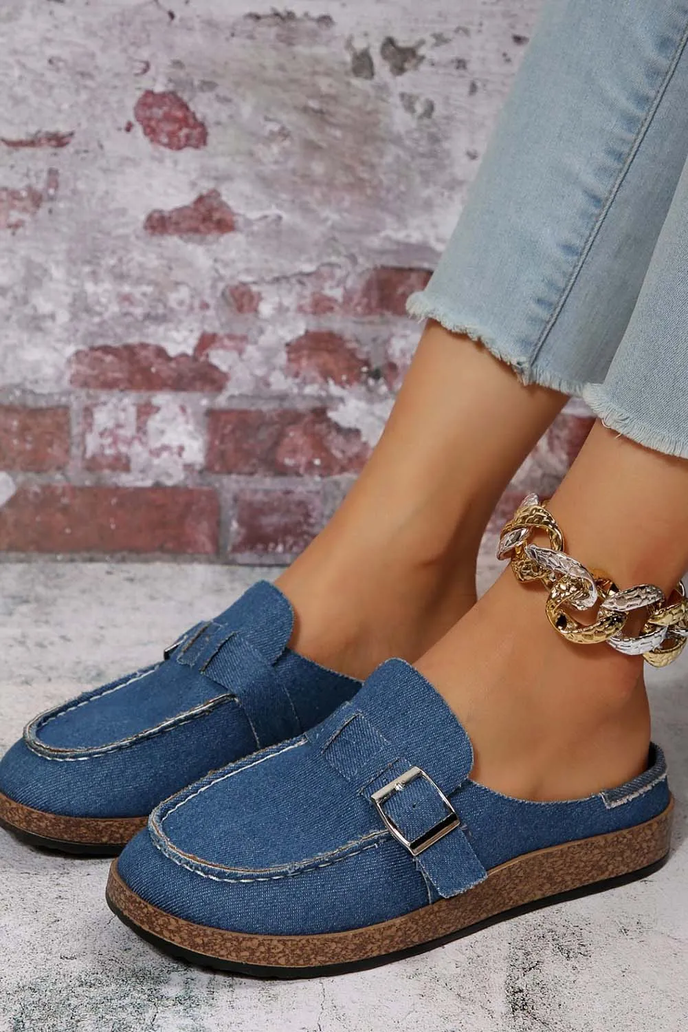 Sky Blue Buckle Decor Slip On Canvas Shoes