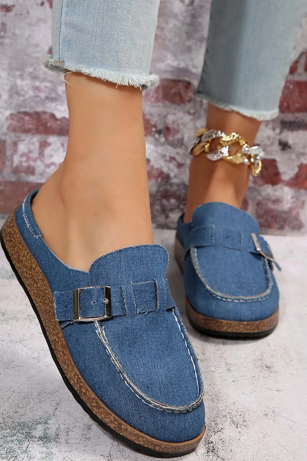 Sky Blue Buckle Decor Slip On Canvas Shoes