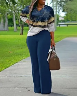 Two Piece Sets Womens Outifits 2023 Spring Fashion Marble Print V-Neck Long Sleeve Top &amp; Casual High Waist Daily Long Pants Set